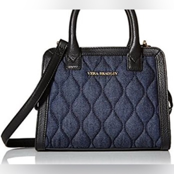 Vera Bradley Natalie Black Leather Denim Quilted Crossbody Bag like NEW cond